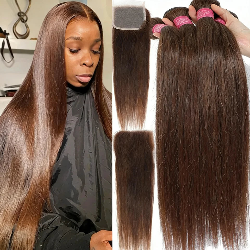 Chocolate Brown Virgin Straight Human Hair Weave Bundles 3/4Pcs Bone Straight Human Hair Extensions For Women Clearance Sale