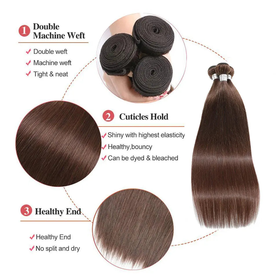 Chocolate Brown Virgin Straight Human Hair Weave Bundles 3/4Pcs Bone Straight Human Hair Extensions For Women Clearance Sale