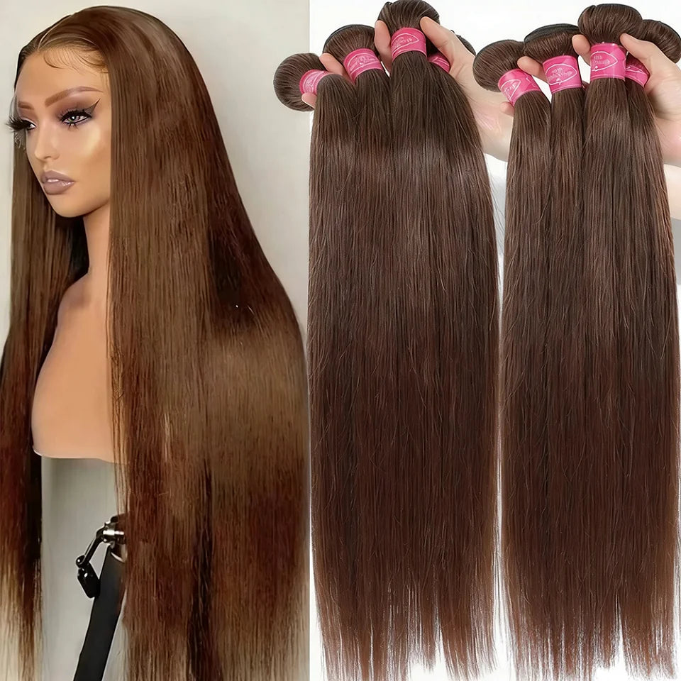 Chocolate Brown Virgin Straight Human Hair Weave Bundles 3/4Pcs Bone Straight Human Hair Extensions For Women Clearance Sale
