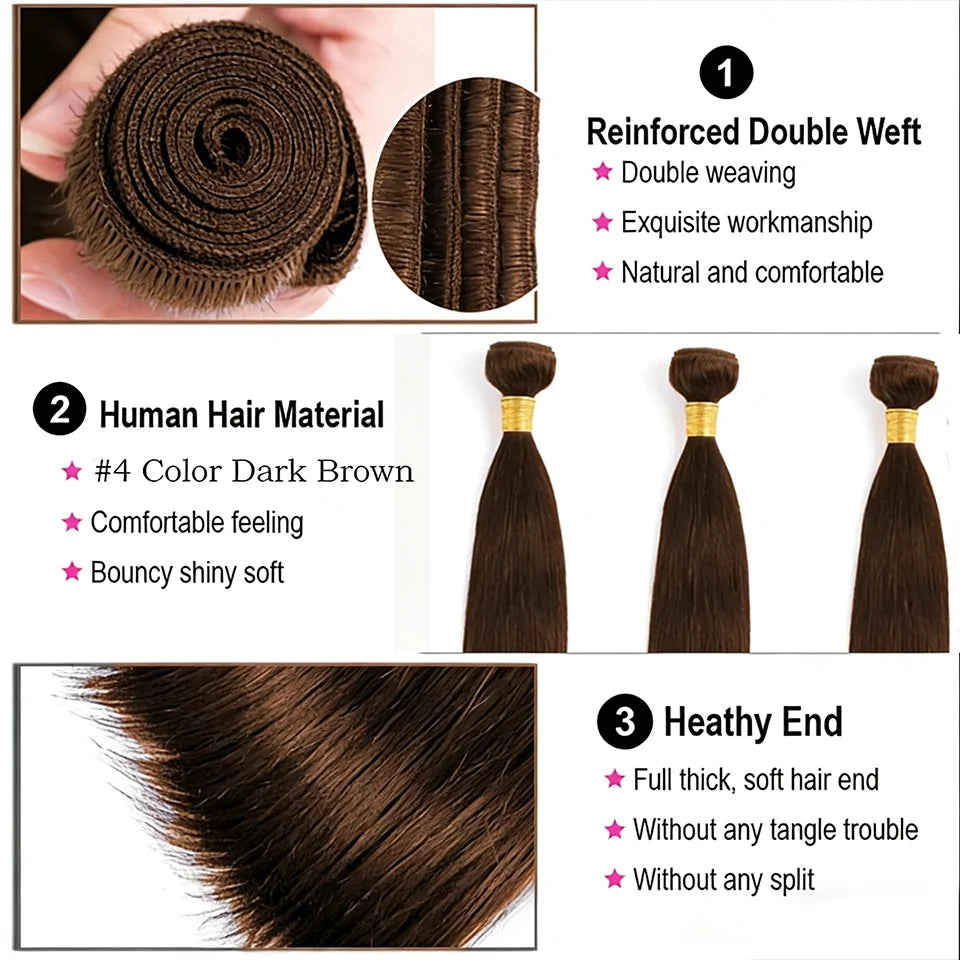 Chocolate Brown Virgin Straight Human Hair Weave Bundles 3/4Pcs Bone Straight Human Hair Extensions For Women Clearance Sale